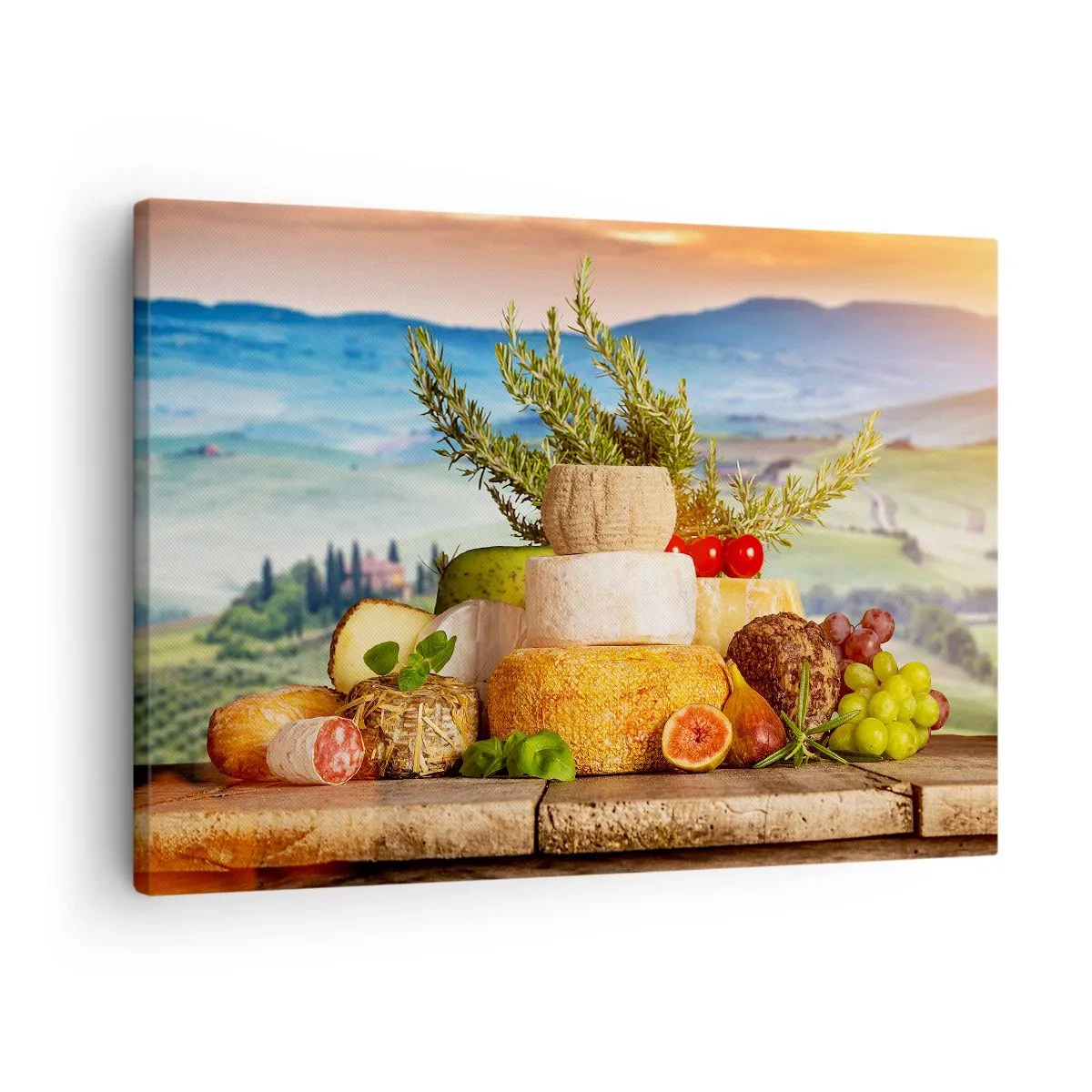 Quadro em tela - Uma composição de queijos e frutas tendo como pano de fundo a paisagem toscana - 70x50cm - Alegria italiana - Decoração de parede moderna para a sala de estar e quarto ARTTOR