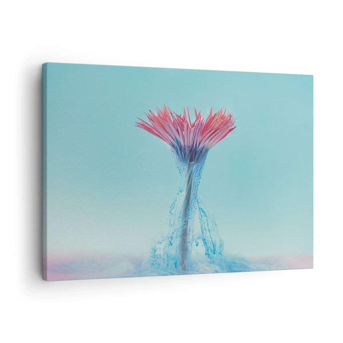 Quadro em tela - Uma flor rosa e azul em um arranjo artístico sobre um fundo pastel - 70x50cm - Num abraço revigorante - Decoração de parede moderna para a sala de estar e quarto ARTTOR