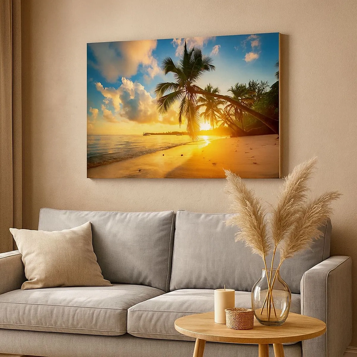 Quadro em tela - Praia do pôr do sol com palmeiras à beira-mar - 70x50cm - Um sonho caribenho - Decoração de parede moderna para a sala de estar e quarto ARTTOR