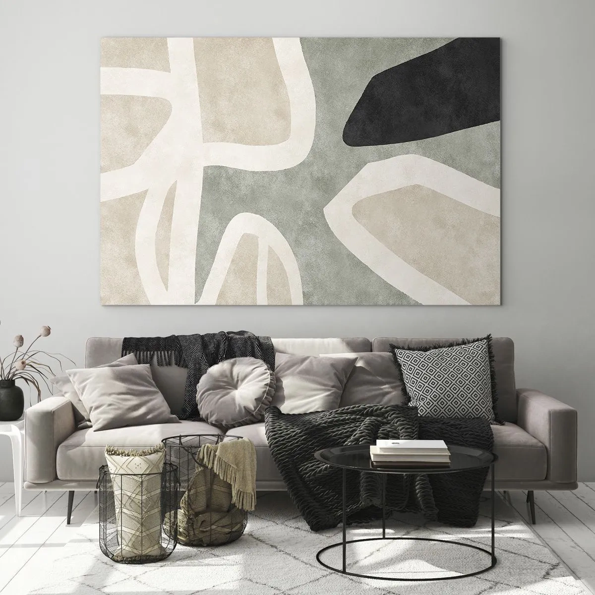 Quadro em vidro - Formas abstratas em bege e verde com um toque de preto - 70x50cm - Composição com motivo preto - Decoração de parede moderna para a sala de estar e quarto ARTTOR