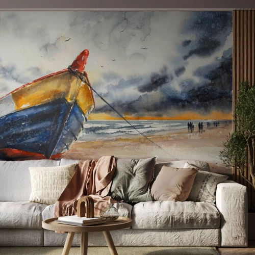 Papel de Parede Standard Eco - Um barco pitoresco na praia sob um céu tempestuoso ao pôr do sol - 100x70cm - Descanse na costa - Decoração de parede moderna para a sala de estar e quarto ARTTOR