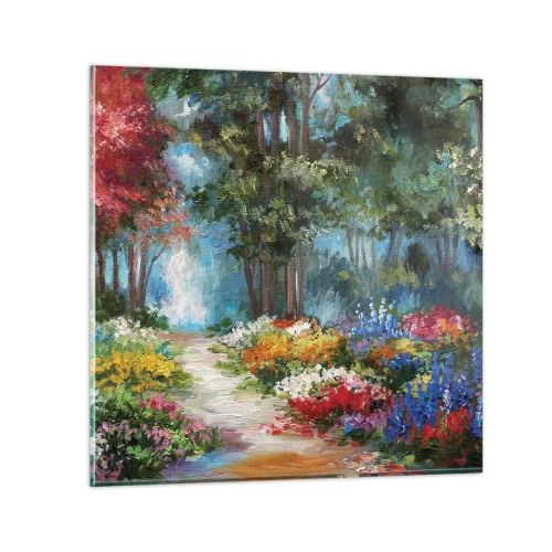 Quadro em vidro - Jardim florestal, floresta florida - 50x50 cm