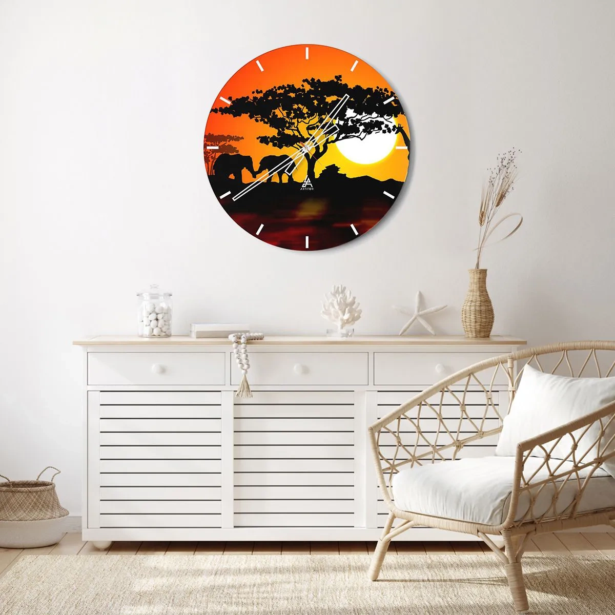 Relógio de parede - Relógio em vidro - Paisagem africana com silhuetas de árvores e animais ao pôr do sol - 30x30cm - Encontro na savana - Decoração de parede moderna para a sala de estar, cozinha e quarto ARTTOR