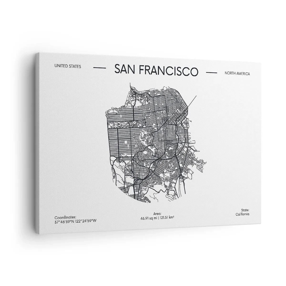 Quadro em tela - Um mapa de São Francisco em estilo minimalista em preto e branco. - 70x50cm - Anatomia de São Francisco - Decoração de parede moderna para a sala de estar e quarto ARTTOR