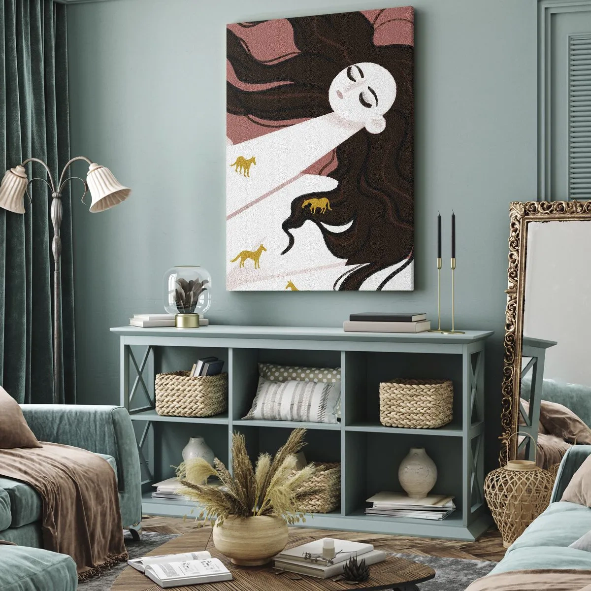 Quadro em tela - Sonho com um cavalo dourado - 65x120 cm