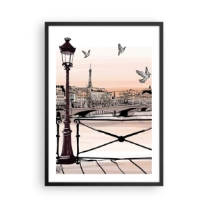 Pôster com moldura preta - Ilustração de Paris ao pôr do sol com uma lanterna e uma ponte - 50x70cm - Sobre os telhados de Paris - Decoração de parede moderna para a sala de estar e quarto ARTTOR