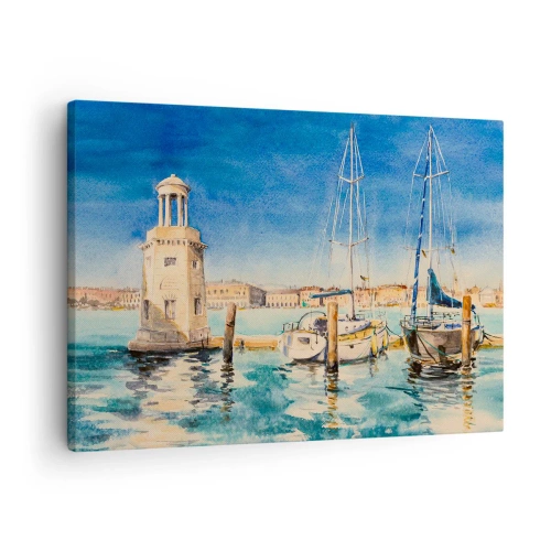Quadro em tela - Marina com barcos tendo como pano de fundo uma lagoa azul - 70x50cm - Lagoa ensolarada - Decoração de parede moderna para a sala de estar e quarto ARTTOR