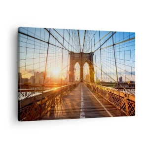 Quadro em tela - A ponte à luz do pôr do sol com vista para a cidade - 70x50cm - Na Ponte Dourada - Decoração de parede moderna para a sala de estar e quarto ARTTOR