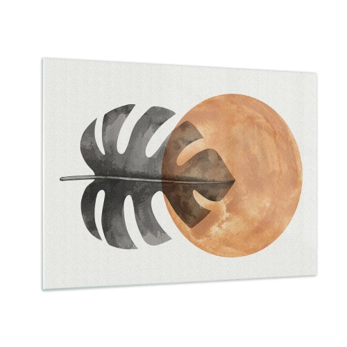 Quadro em vidro - Folha de Monstera e círculo laranja em estilo gráfico sobre fundo branco. - 70x50cm - Sempre o sol - Decoração de parede moderna para a sala de estar e quarto ARTTOR