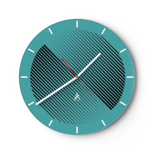 Relógio de parede - Relógio em vidro - Fundo turquesa com linhas diagonais pretas em um arranjo geométrico - 30x30cm - Círculo – uma variação geométrica - Decoração de parede moderna para a sala de estar, cozinha e quarto ARTTOR