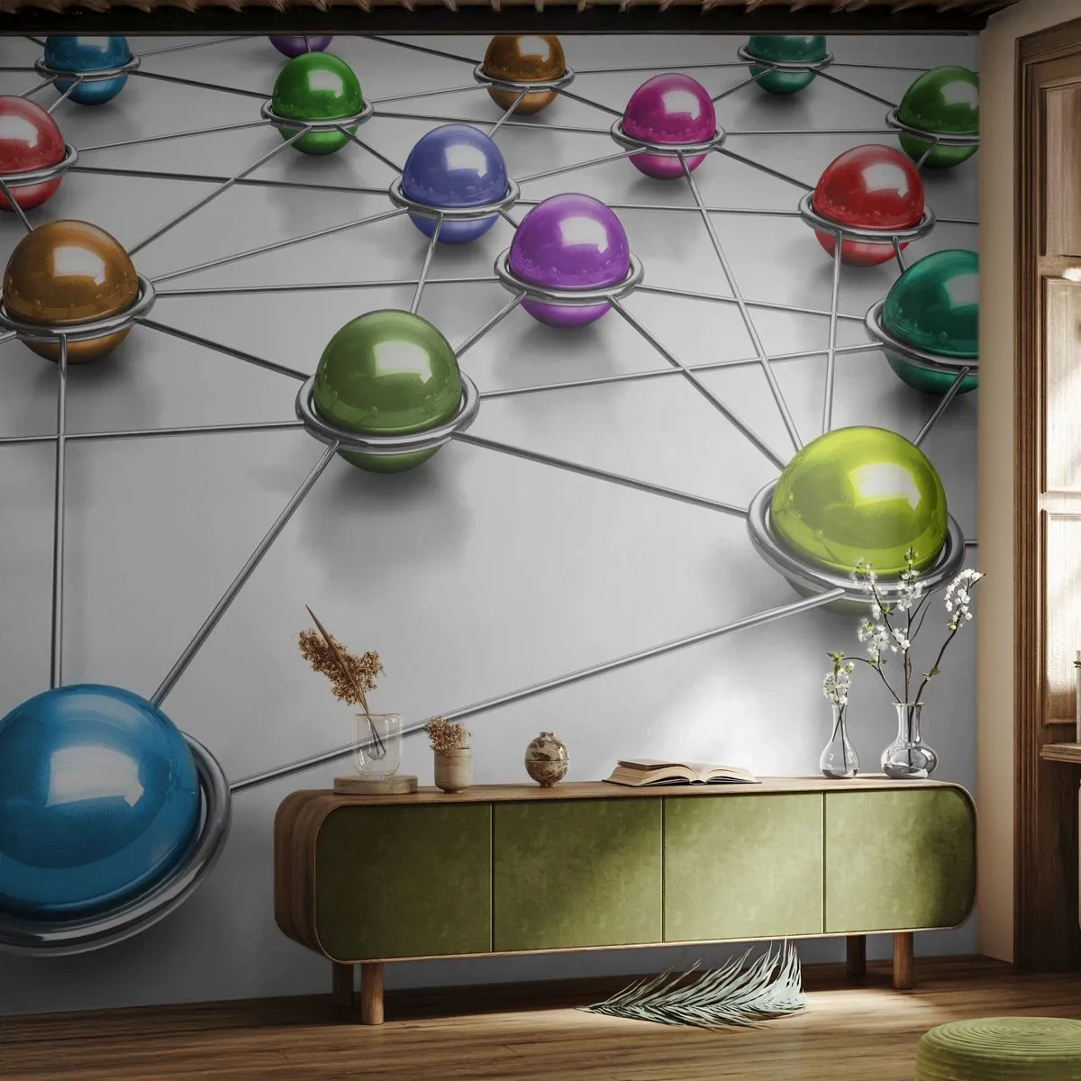 Papel de Parede Premium Canvas - Teia cósmica - Abstração, Bolas Metálicas, 3D - 200x140 cm