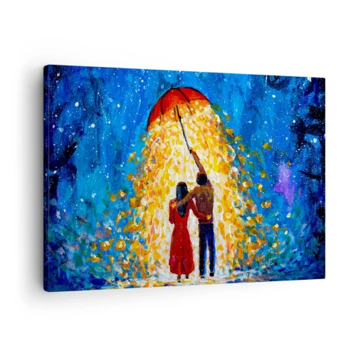 Quadro em tela - Um casal sob um guarda-chuva vermelho na chuva luminosa - 70x50cm - A magia de uma noite chuvosa? - Decoração de parede moderna para a sala de estar e quarto ARTTOR