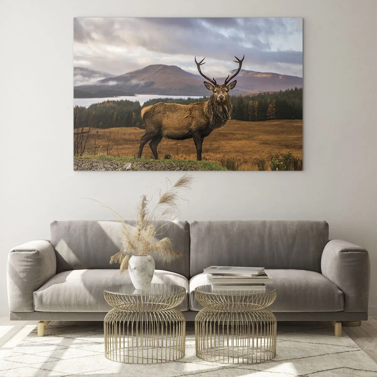 Quadro em vidro - Veados tendo como pano de fundo montanhas e florestas pitorescas - 70x50cm - A majestade da natureza - Decoração de parede moderna para a sala de estar e quarto ARTTOR