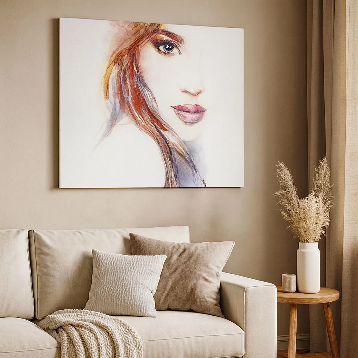 Quadro em tela - Uma aquarela sutil do rosto de uma mulher com um olhar expressivo. - 70x50cm - Vademecum - siga-me - Decoração de parede moderna para a sala de estar e quarto ARTTOR