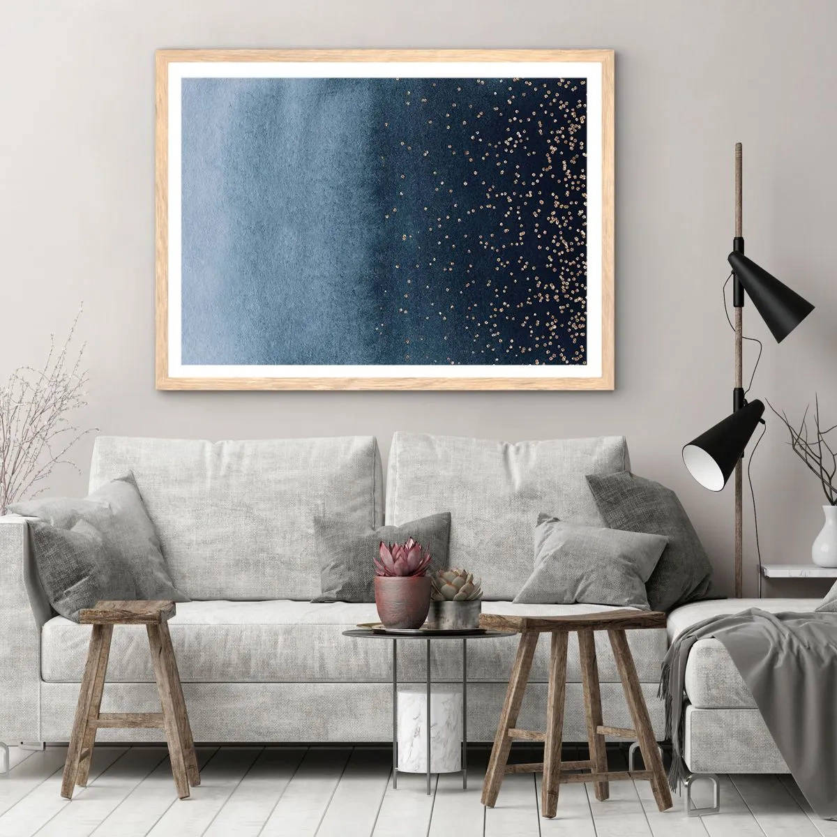 Pôster com moldura de carvalho claro - Composição – fases azuis - 70x50 cm