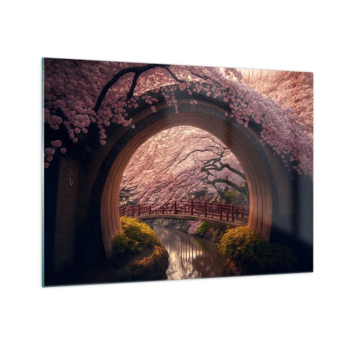 Quadro em vidro - Flores de cerejeira e uma ponte japonesa vistas através do portão redondo - 70x50cm - Primavera japonesa - Decoração de parede moderna para a sala de estar e quarto ARTTOR