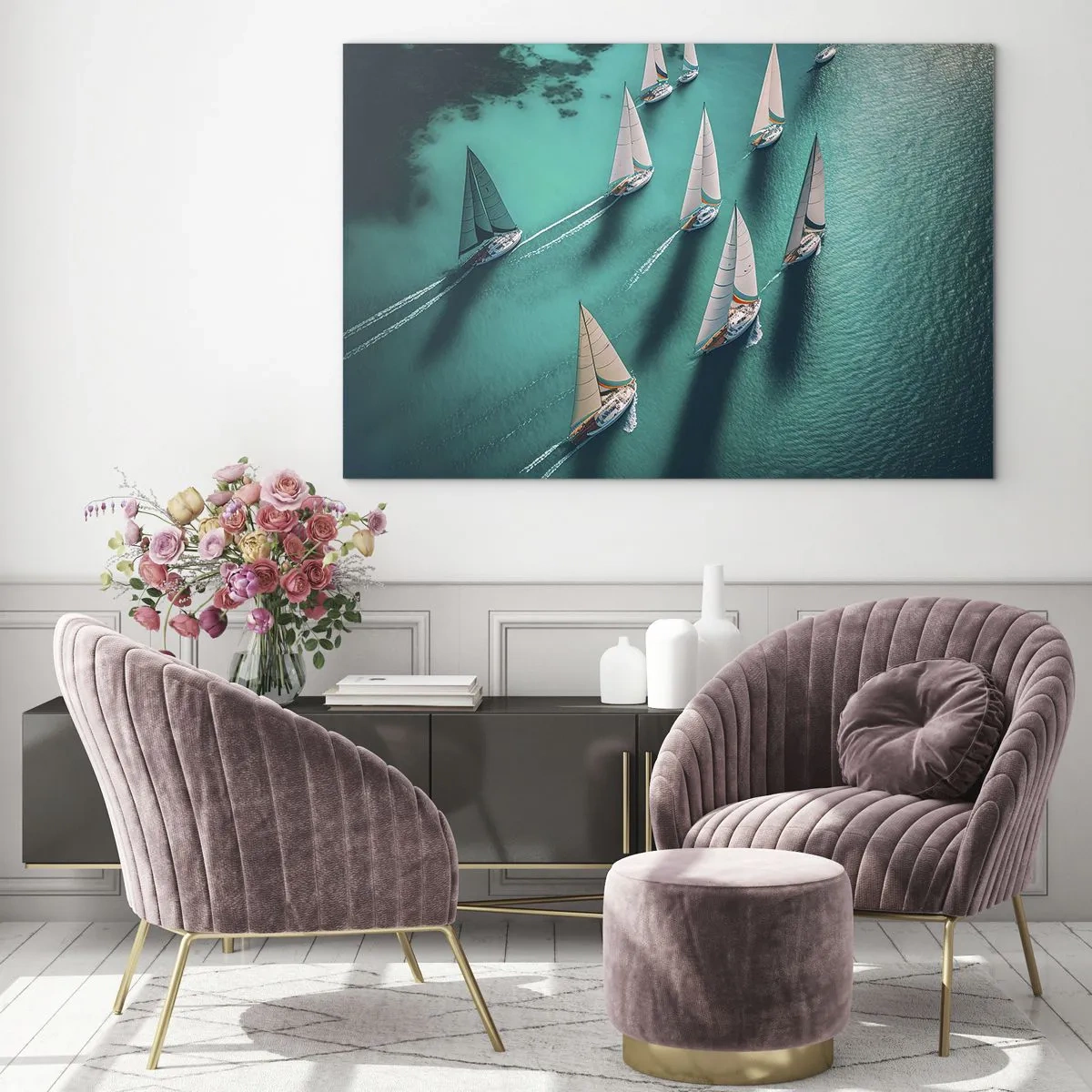 Quadro em vidro - Veleiros em águas azul-turquesa capturados de uma vista aérea - 70x50cm - Numa competição com o vento - Decoração de parede moderna para a sala de estar e quarto ARTTOR