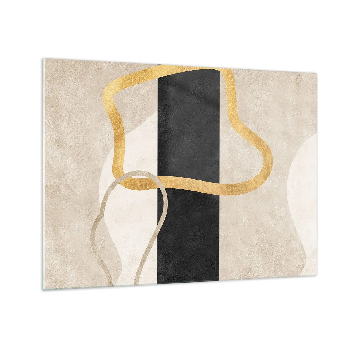 Quadro em vidro - Linhas douradas e bege formando formas circulares sobre um fundo de listras pretas. - 70x50cm - Formas em loop - Decoração de parede moderna para a sala de estar e quarto ARTTOR