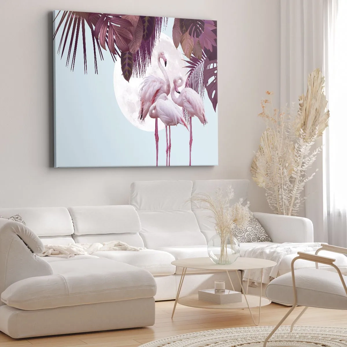 Quadro em tela - Flamingos cor-de-rosa contra o fundo da lua e folhas tropicais - 70x50cm - Três graças de pássaros - Decoração de parede moderna para a sala de estar e quarto ARTTOR