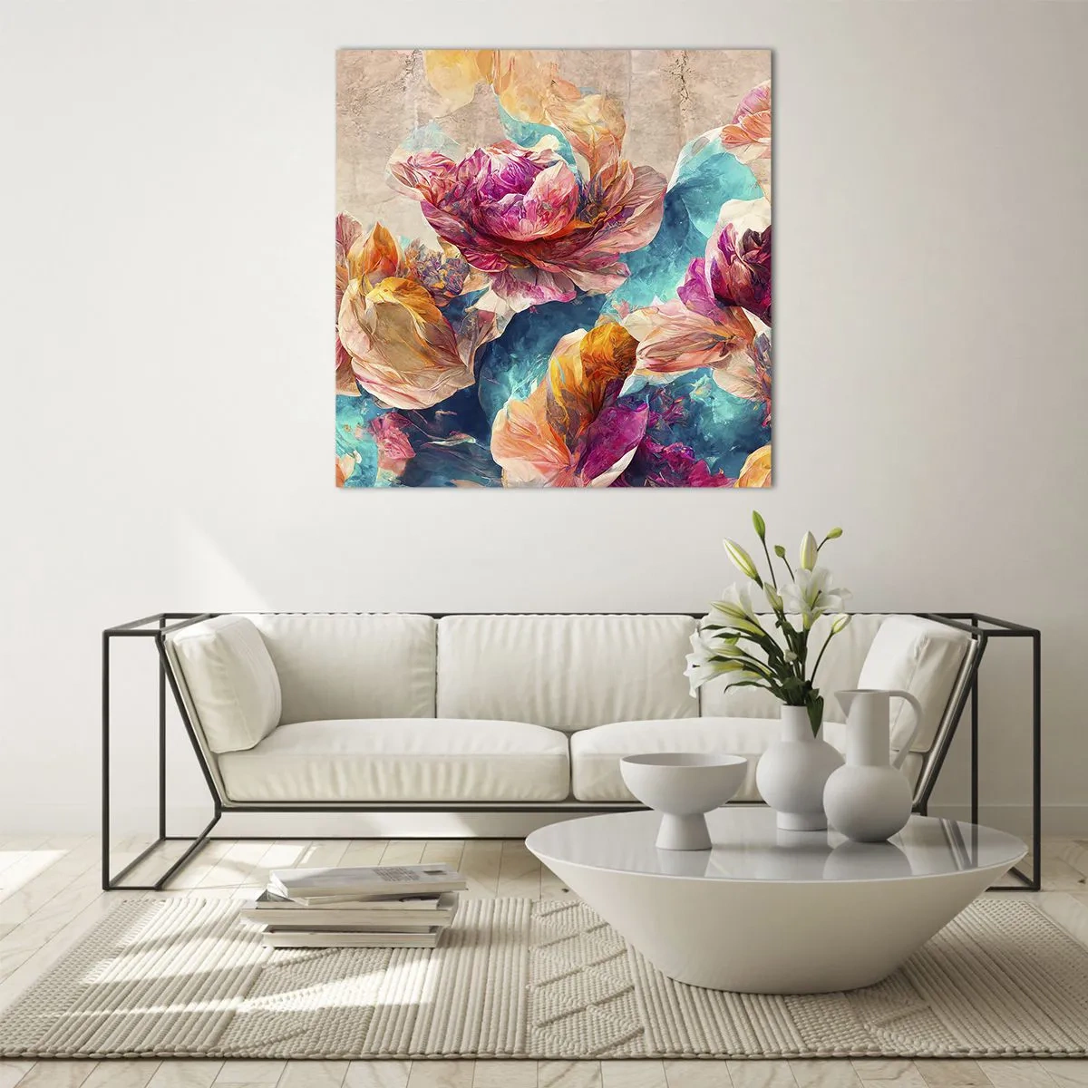 Quadro em vidro - Esplendor colorido do buquê - 30x30 cm