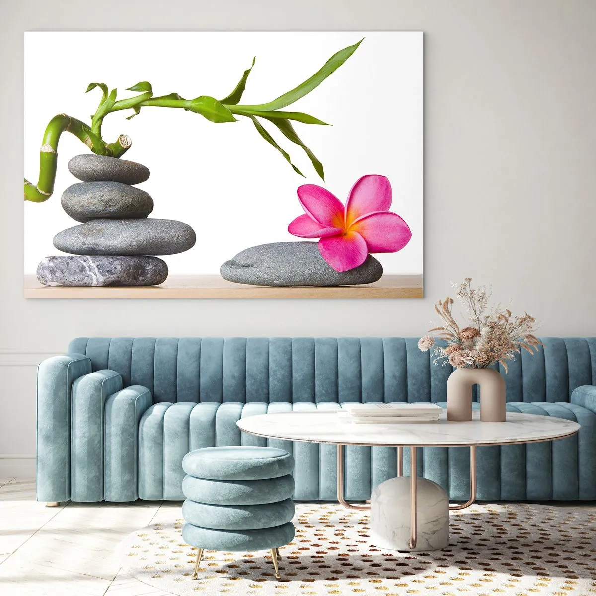 Quadro em vidro - Bambu, flor rosa e pedras em fundo branco - 70x50cm - Cores da vida e duração - Decoração de parede moderna para a sala de estar e quarto ARTTOR