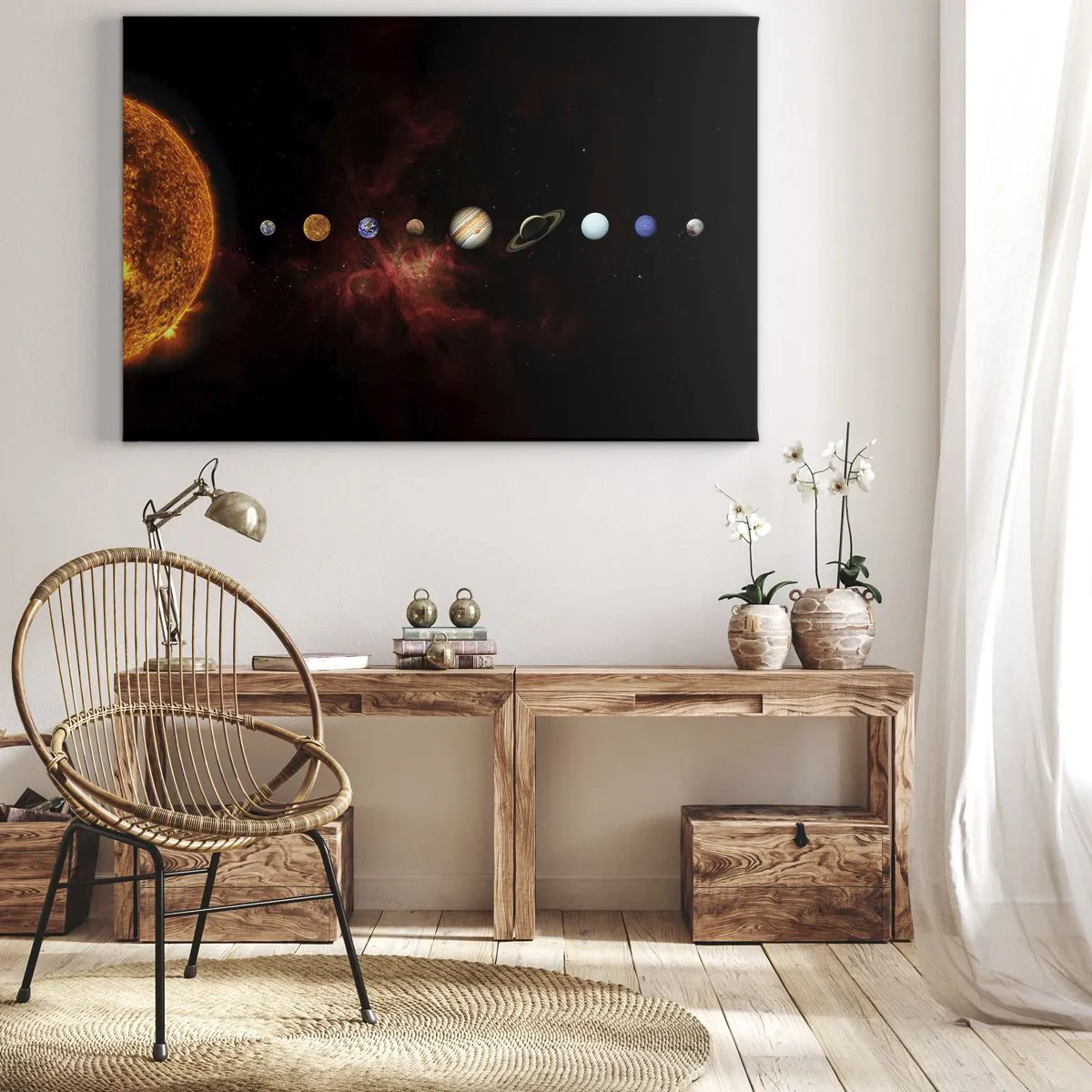 Quadro em tela - O sistema solar com planetas contra o fundo do espaço - 70x50cm - Nosso bairro - Decoração de parede moderna para a sala de estar e quarto ARTTOR