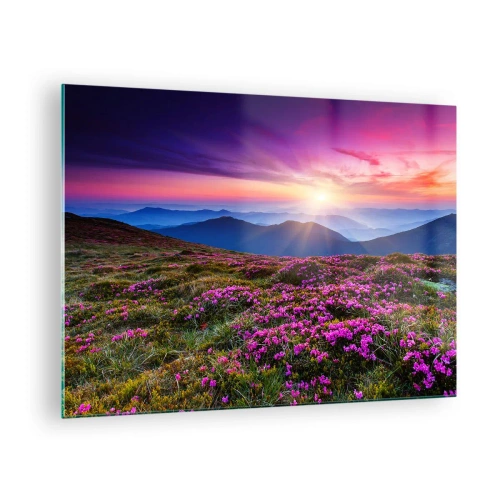 Quadro em vidro - Paisagem montanhosa com charneca ao pôr do sol - 70x50cm - Campo cheiroso - Decoração de parede moderna para a sala de estar e quarto ARTTOR
