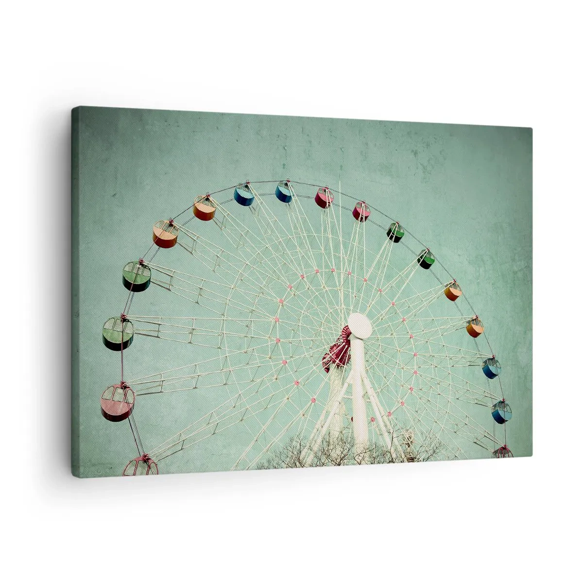 Quadro em tela - Uma roda gigante colorida contra um céu azul em estilo retrô - 70x50cm - Diverte-te - Decoração de parede moderna para a sala de estar e quarto ARTTOR
