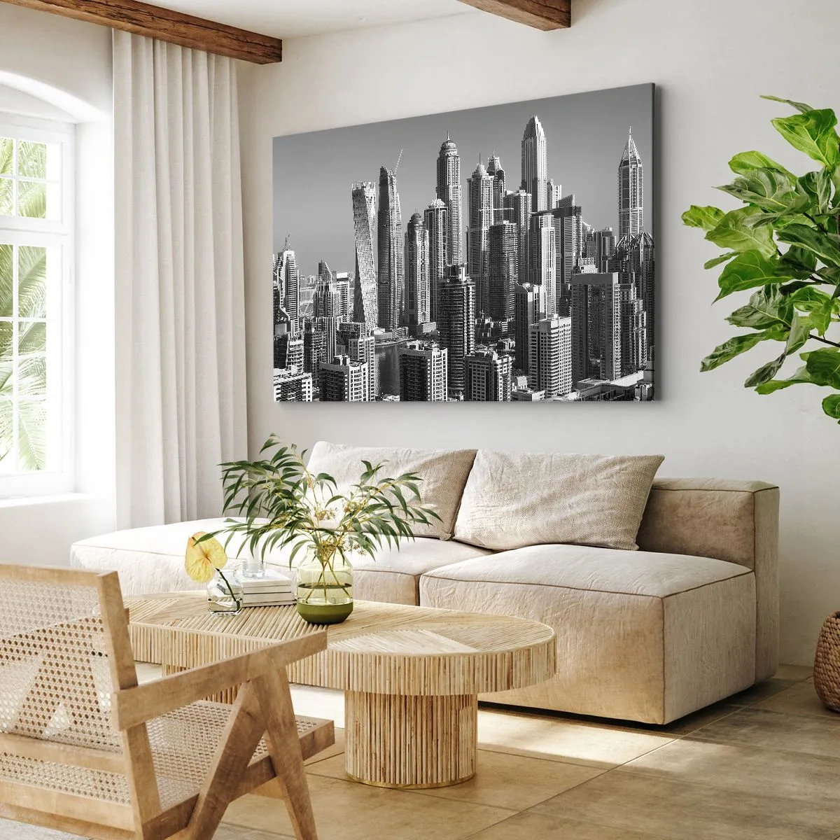 Quadro em tela - Panorama de arranha-céus modernos em tons monocromáticos - 70x50cm - A cidade sobre o deserto - Decoração de parede moderna para a sala de estar e quarto ARTTOR