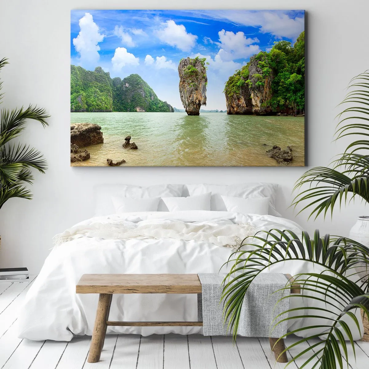 Quadro em tela - Uma formação rochosa exótica cercada por água e vegetação sob um céu azul. - 70x50cm - Maravilhas rochosas da natureza - Decoração de parede moderna para a sala de estar e quarto ARTTOR