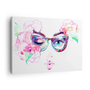 Quadro em tela - Rosto em aquarela com óculos coloridos e flores - 70x50cm - Uma promessa tentadora - Decoração de parede moderna para a sala de estar e quarto ARTTOR