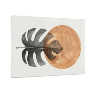 Quadro em vidro - Folha de Monstera e círculo laranja em estilo gráfico sobre fundo branco. - 70x50cm - Sempre o sol - Decoração de parede moderna para a sala de estar e quarto ARTTOR