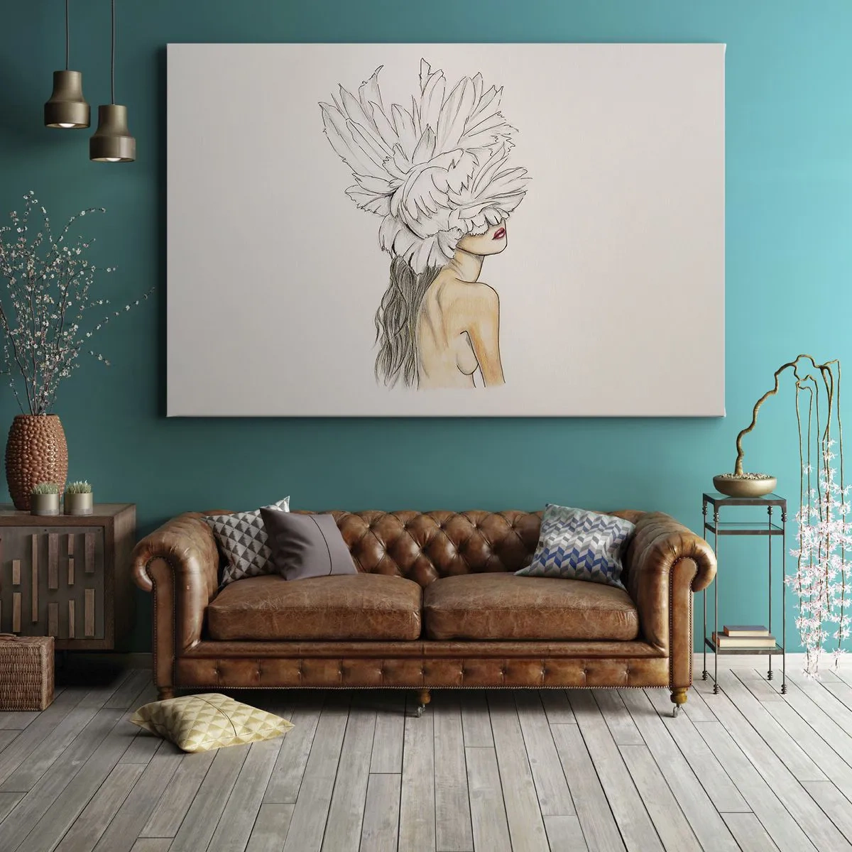 Quadro em tela - Retrato de uma mulher com decoração de penas em estilo artístico - 70x50cm - Beleza coroada - Decoração de parede moderna para a sala de estar e quarto ARTTOR