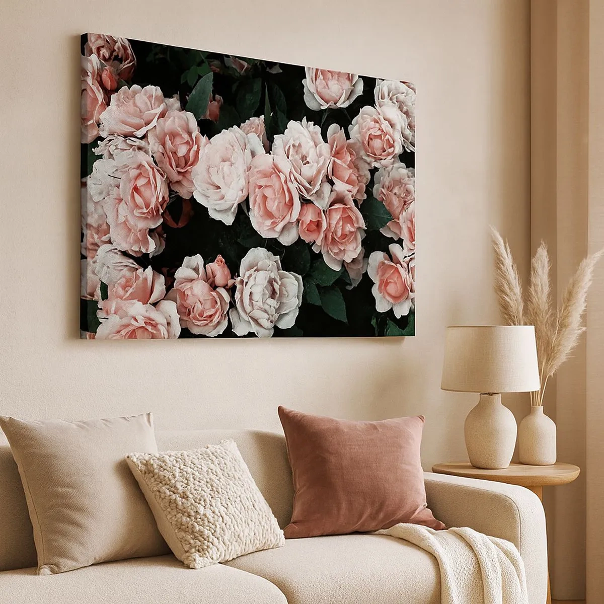 Quadro em tela - Rosas cor de rosa em um fundo escuro em uma composição sutil - 70x50cm - Conjuntos de rosas - Decoração de parede moderna para a sala de estar e quarto ARTTOR