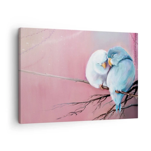 Quadro em tela - Dois pássaros apaixonados em um galho sobre um fundo rosa - 70x50cm - O que acrescentar aqui?... - Decoração de parede moderna para a sala de estar e quarto ARTTOR