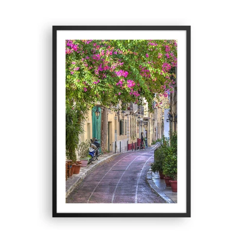 Pôster com moldura preta - Uma rua colorida com flores desabrochando e arquitetura clássica - 50x70cm - Beco florido - Decoração de parede moderna para a sala de estar e quarto ARTTOR