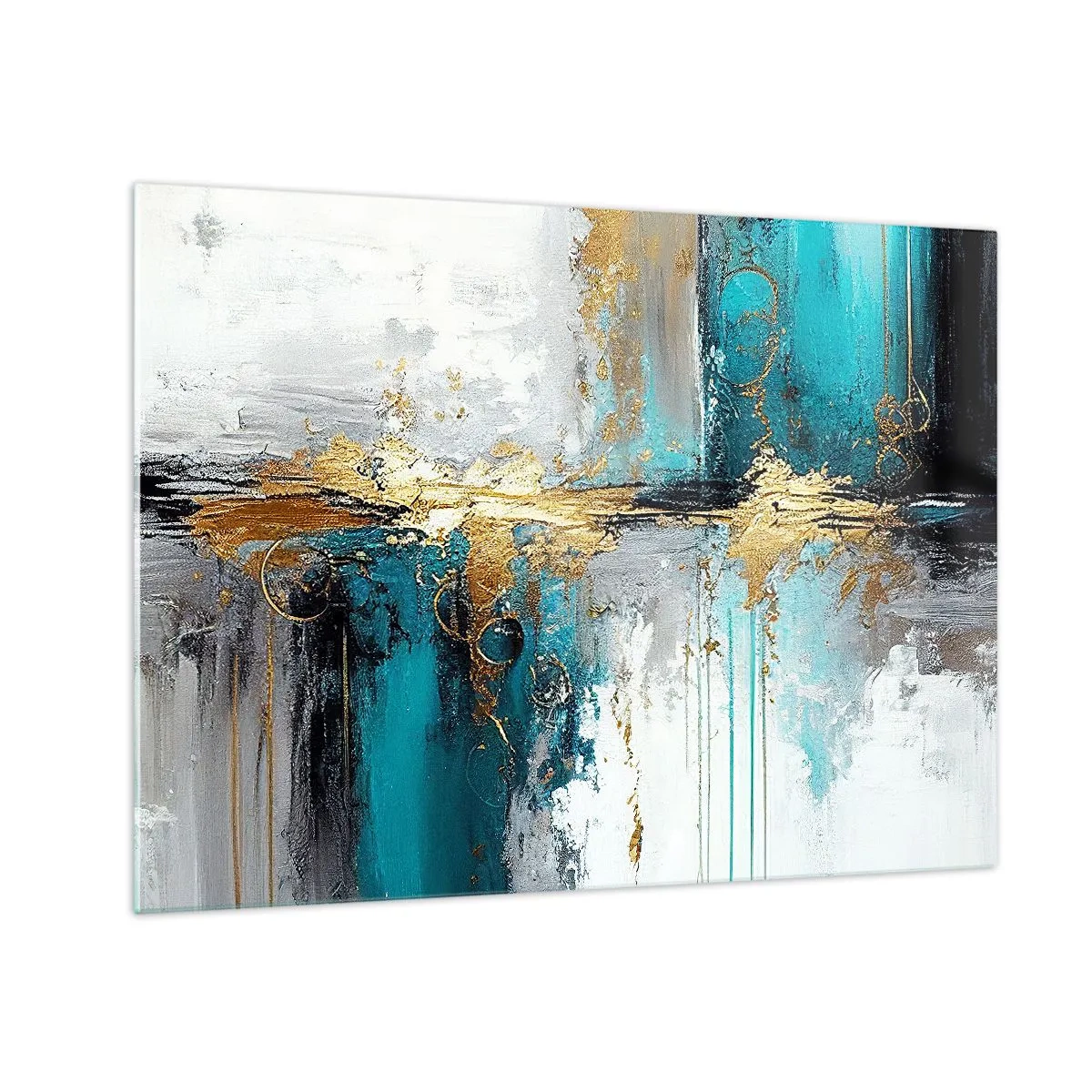 Quadro em vidro - Abstração com turquesa e dourado sobre fundo branco - 70x50cm - Tudo flui - Decoração de parede moderna para a sala de estar e quarto ARTTOR