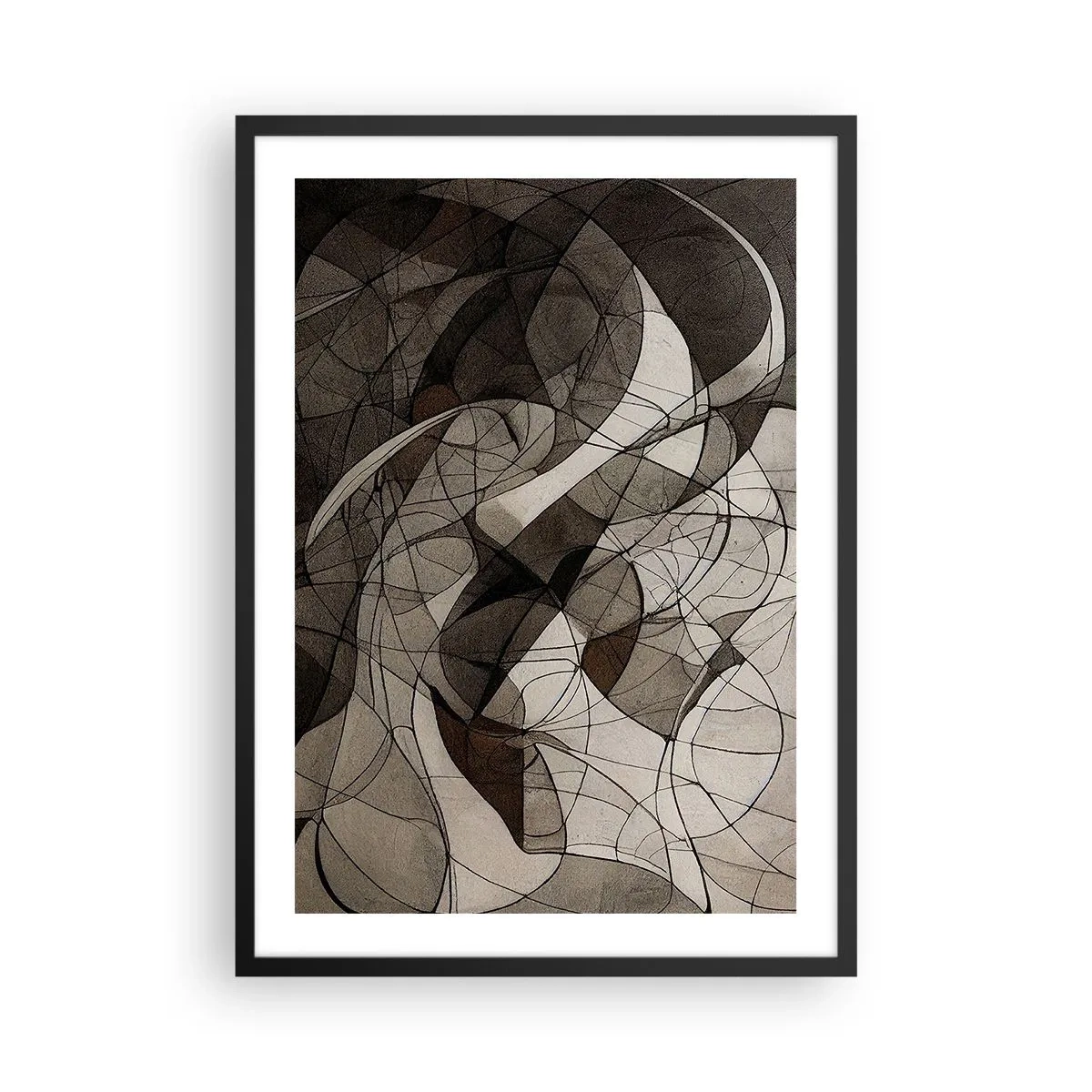 Pôster com moldura preta - Composição abstrata de linhas e formas geométricas - 50x70cm - Circulação das cores da terra - Decoração de parede moderna para a sala de estar e quarto ARTTOR