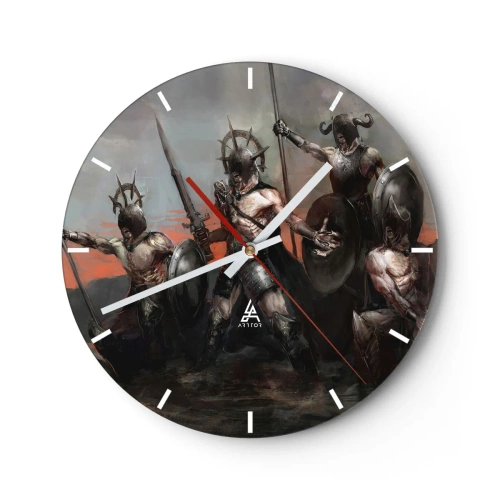 Relógio de parede - Relógio em vidro - Um grupo de guerreiros blindados com escudos e lanças em uma cena dinâmica - 30x30cm - Com ou em um escudo - Decoração de parede moderna para a sala de estar, cozinha e quarto ARTTOR