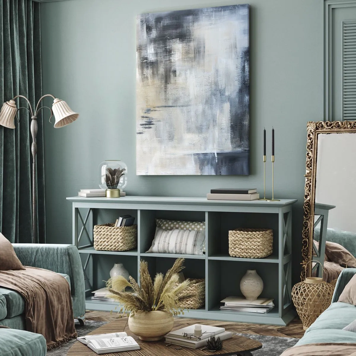 Quadro em tela - Atrás da cortina azul - 55x100 cm