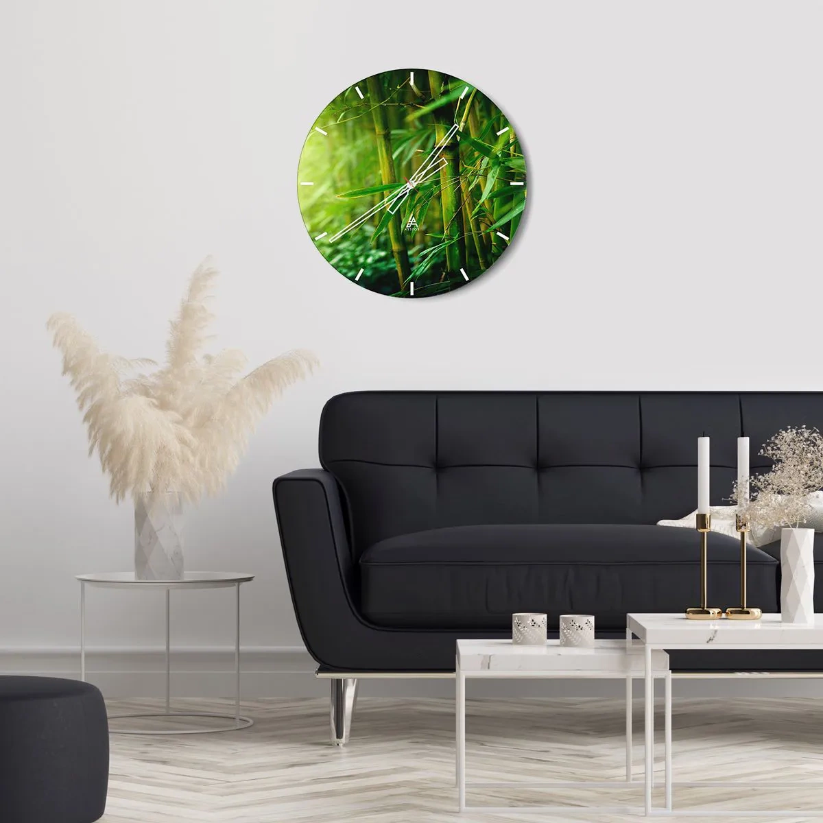 Relógio de parede - Relógio em vidro - Uma floresta de bambu em tons intensos de verde - 30x30cm - Conheça a vegetação  - Decoração de parede moderna para a sala de estar, cozinha e quarto ARTTOR