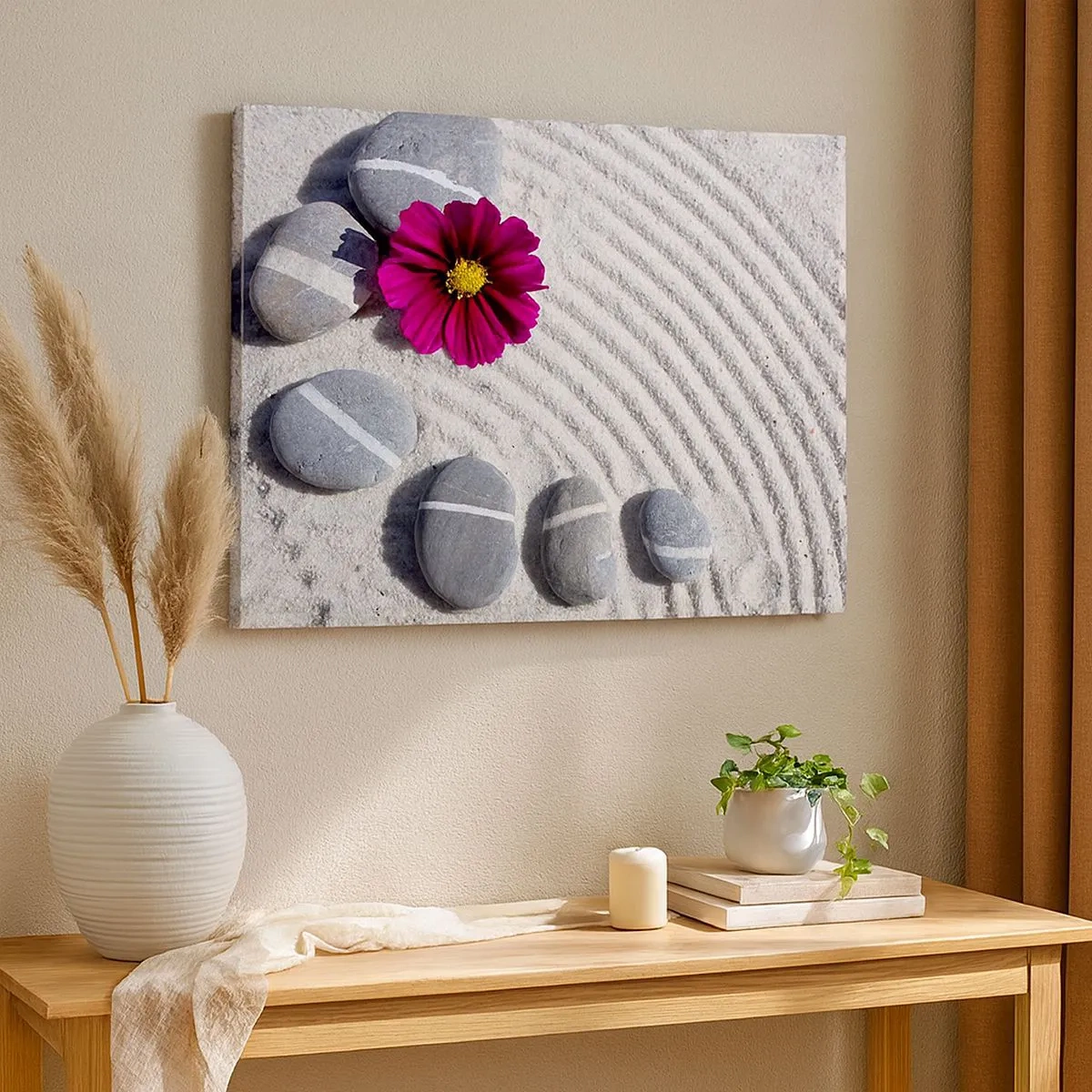 Quadro em tela - Pedras e uma flor rosa na areia em estilo zen - 70x50cm - Energia e paz do círculo mágico da natureza - Decoração de parede moderna para a sala de estar e quarto ARTTOR