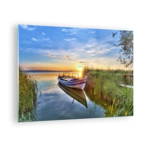 Quadro em vidro - Um barco atracado na margem de um lago ao pôr do sol - 70x50cm - Enseada de sonhos realizados - Decoração de parede moderna para a sala de estar e quarto ARTTOR