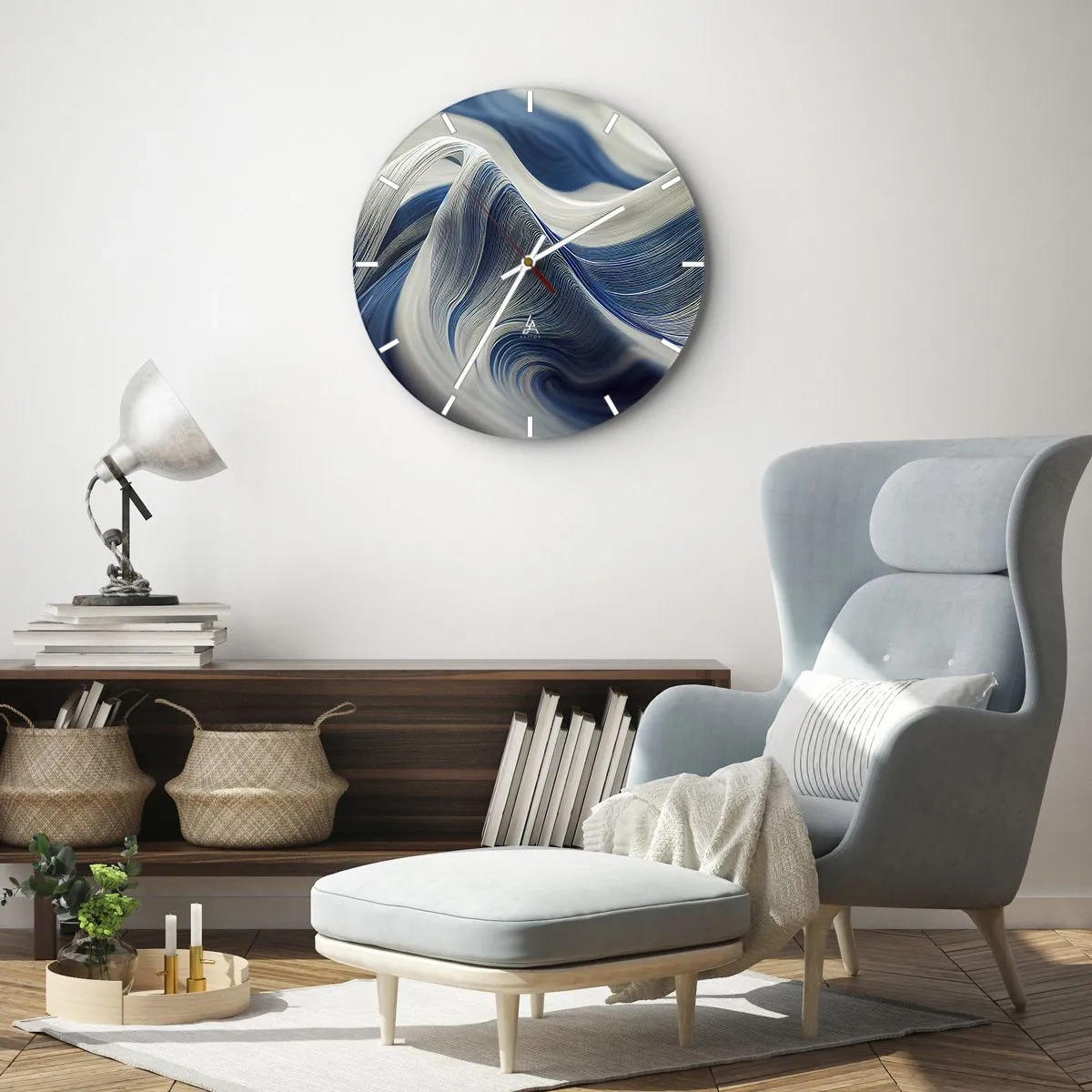 Relógio de parede - Relógio em vidro - Redemoinhos dinâmicos em tons de azul e branco com um arranjo ondulado - 30x30cm - A fluidez do azul e do branco - Decoração de parede moderna para a sala de estar, cozinha e quarto ARTTOR