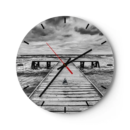 Relógio de parede - Relógio em vidro - Um píer de madeira que leva ao mar agitado sob um céu nublado - 30x30cm - Estou à espera do vento, que vai dispersar... - Decoração de parede moderna para a sala de estar, cozinha e quarto ARTTOR