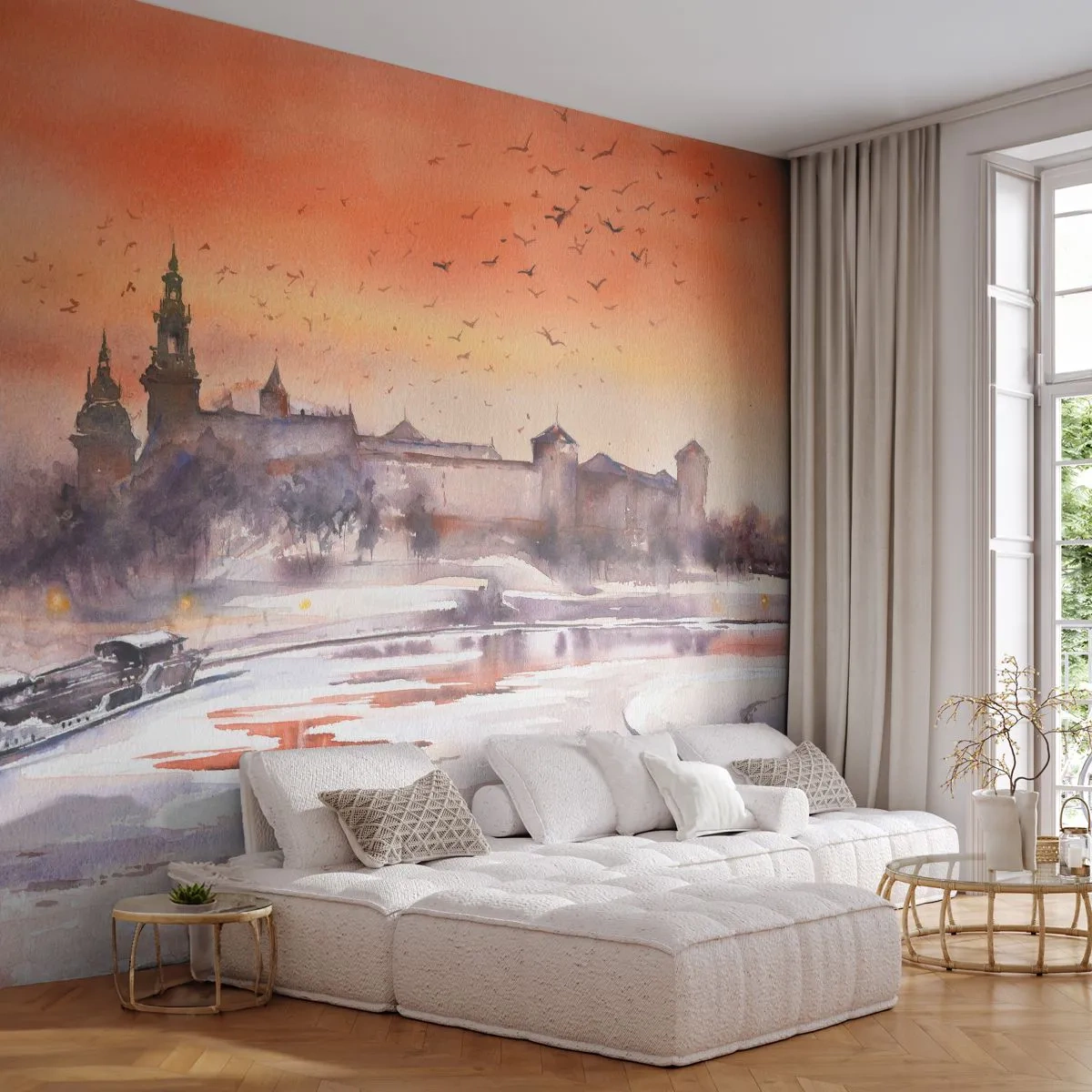 Papel de Parede Standard Eco - Panorama em aquarela do castelo ao pôr do sol no inverno - 100x70cm - Pôr do sol real - Decoração de parede moderna para a sala de estar e quarto ARTTOR