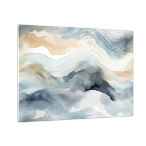 Quadro em vidro - Ondas abstratas em tons de bege e azul - 70x50cm - Abstração nevada e nebulosa - Decoração de parede moderna para a sala de estar e quarto ARTTOR