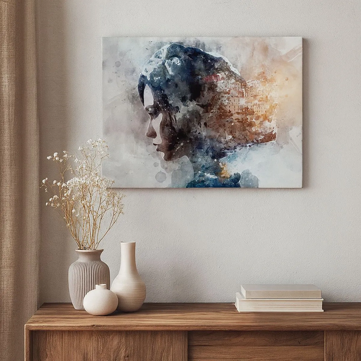 Quadro em tela - Retrato de uma mulher combinando seu rosto com uma paisagem urbana ao fundo - 70x50cm - Uma história sobre uma menina e uma cidade ao fundo - Decoração de parede moderna para a sala de estar e quarto ARTTOR