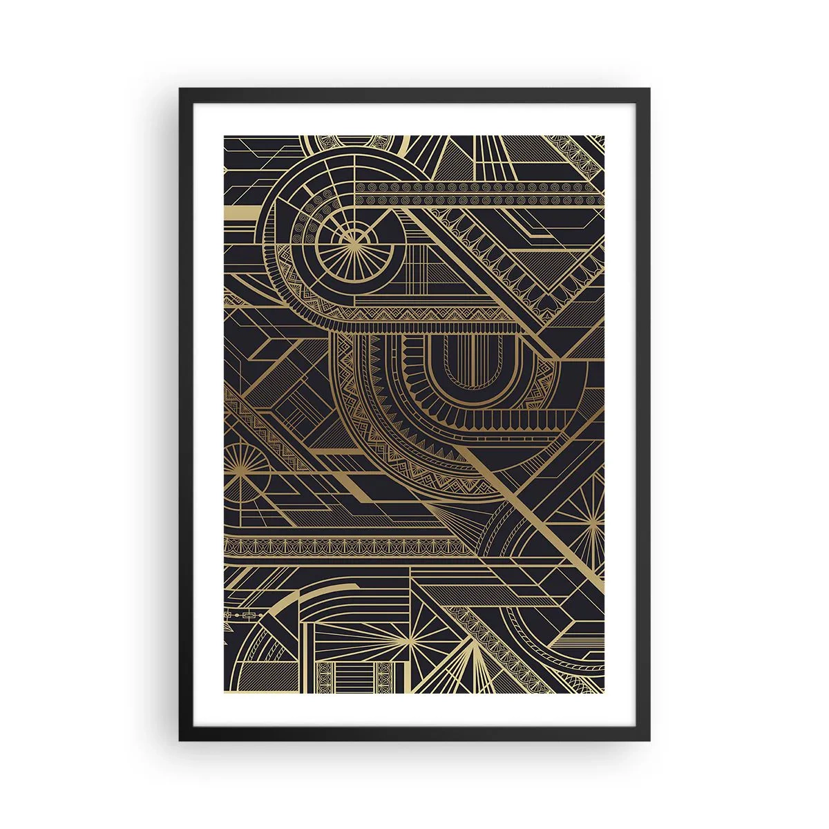 Pôster com moldura preta - Padrão geométrico em tons dourados sobre fundo preto - 50x70cm - Conceitos, ideias, planos - Decoração de parede moderna para a sala de estar e quarto ARTTOR