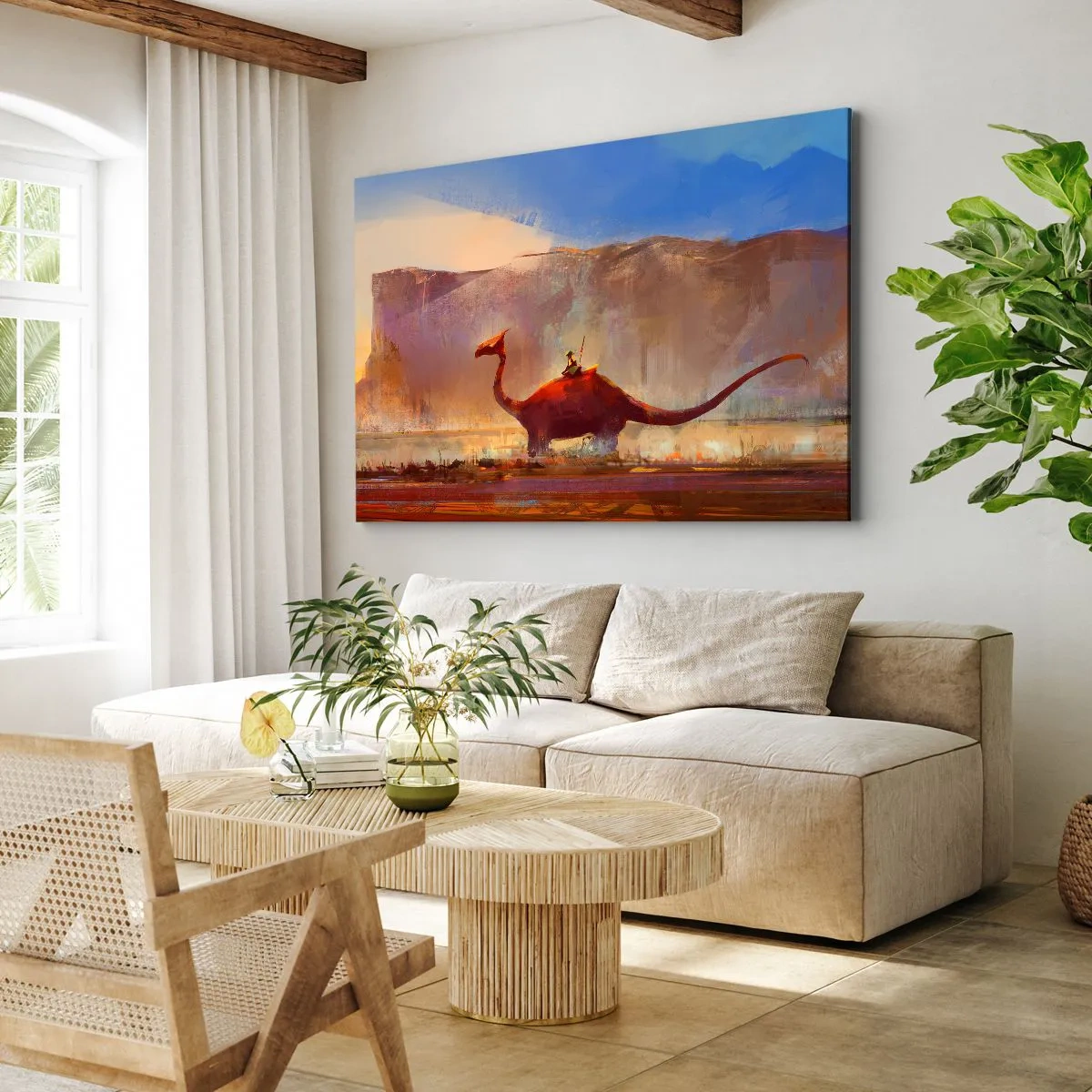 Quadro em tela - Uma cena de fantasia com um cavaleiro em uma criatura pré-histórica - 70x50cm - Se não estivessem extintos - Decoração de parede moderna para a sala de estar e quarto ARTTOR